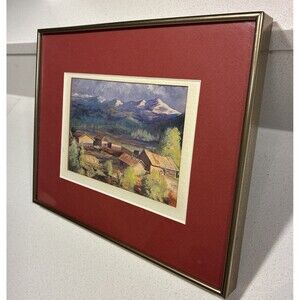 Mountain Village Picture, Framed And Matte 8x10, Gray Skies, Farm Life Landscape